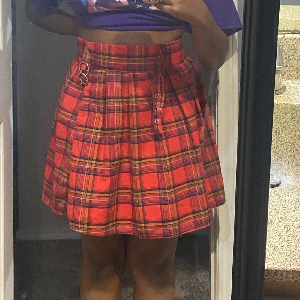 Mid Length Red Plaid Skirt